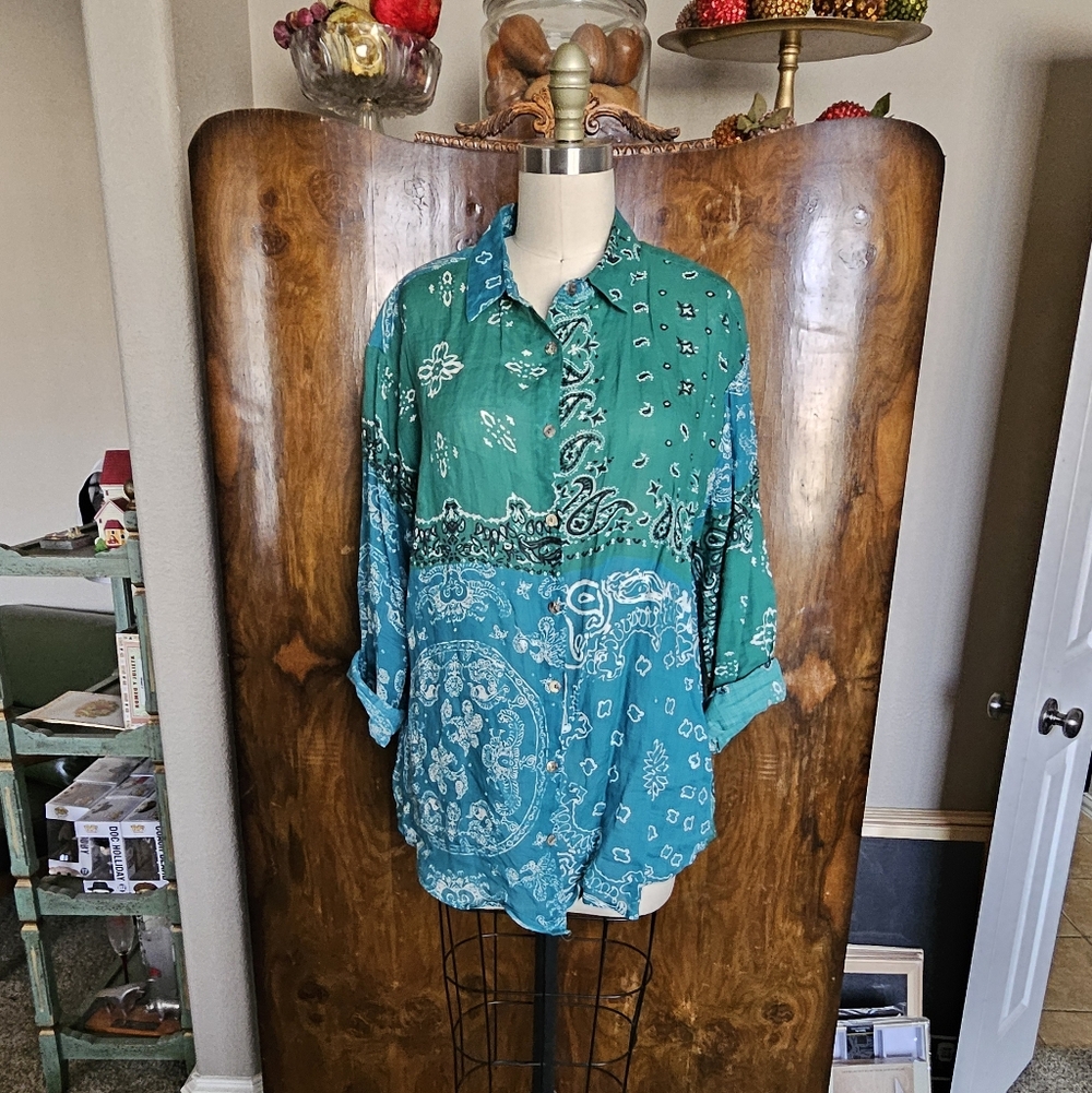 Johnny Was Teal & Turquoise Patchwork Bandana Button-Down Shirt